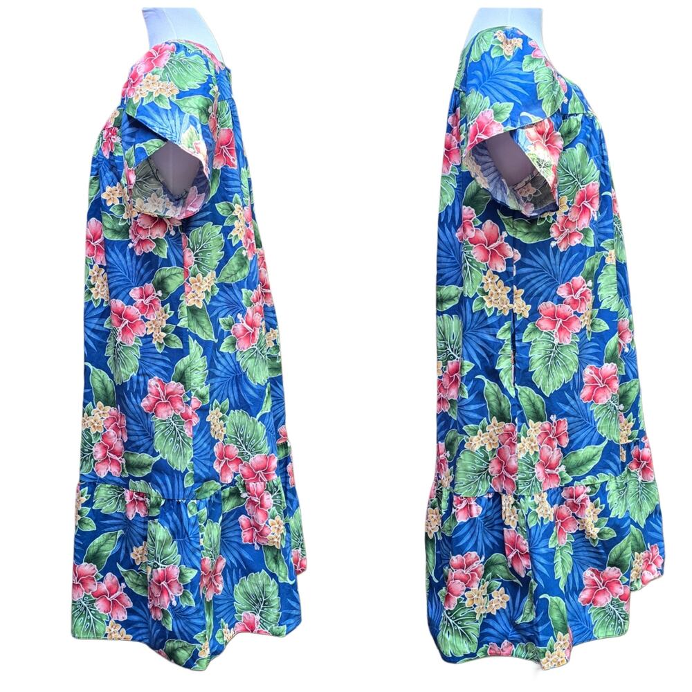 Hilo Hattie Hawaiian Muumuu Dress Blue Floral Hibiscus Cotton XL Petal Sleeve - Picture 3 of 9